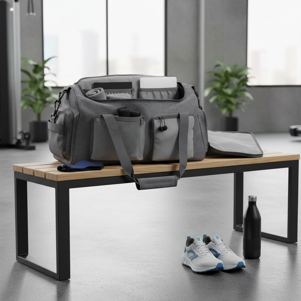 Waterproof sports duffel bag open on a gym bench with shoes and water bottle nearby