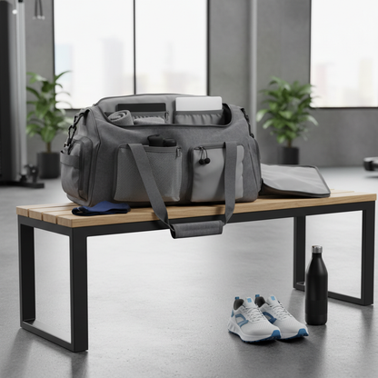 Waterproof sports duffel bag open on a gym bench with shoes and water bottle nearby