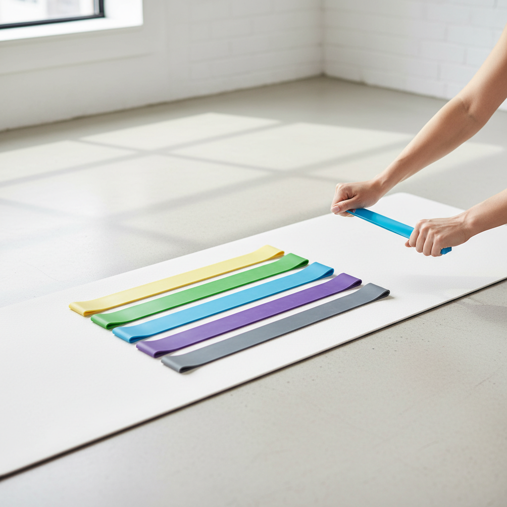 Colorful resistance bands set laid out on a yoga mat with hands stretching one band