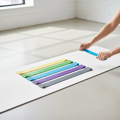 Colorful resistance bands set laid out on a yoga mat with hands stretching one band